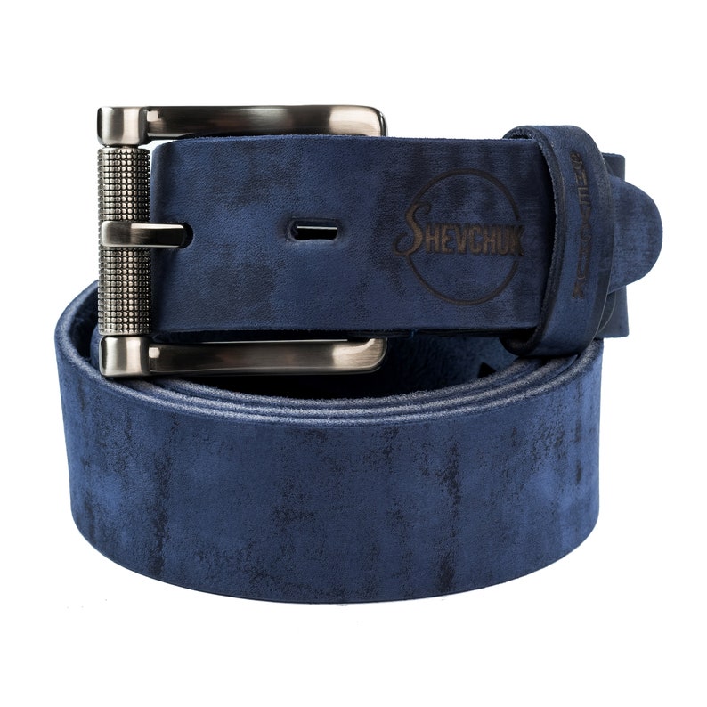 Blue Leather Belt with Roller Buckle, Unique Men's Gift, Handmade Accessory image 1