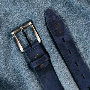 Blue Leather Belt with Roller Buckle, Unique Men's Gift, Handmade Accessory image 3