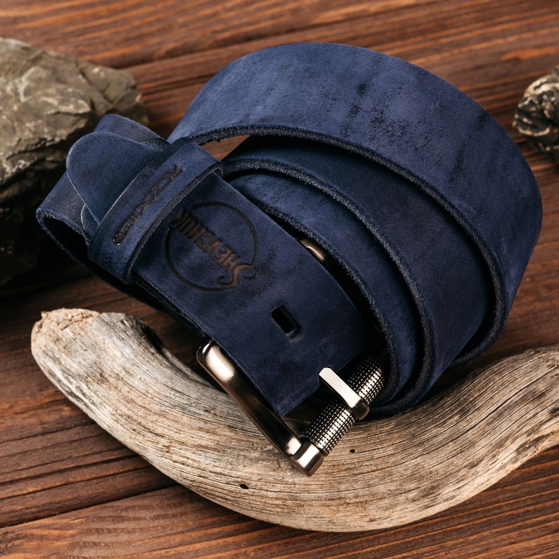 Blue Leather Belt with Roller Buckle, Unique Men's Gift, Handmade Accessory image 2