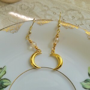 moon dangle earrings / gold tone / boho celestial fairycore whimsigoth jewelry / unique handmade gift ideas