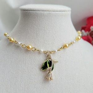 the enchanted rose charm necklace / gold tone / rhinestone rose and faux pearls / coquette fairycore cottagecore jewelry / unique gifts