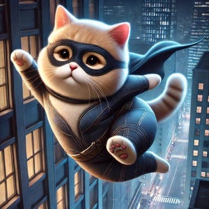May include: A white cat wearing a blue and black superhero costume with a black mask, flying through the air in front of a city skyline.