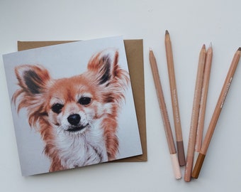 Chihuahua Greetings Card – red long coated chihuahua Art – blank inside – for Vets – Dog Walkers – groomers – Breed lovers
