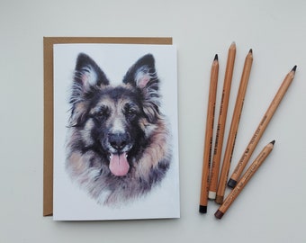 German Shepherd/Alsation/Long haired Greetings Card – Dog Art – blank inside – for Vets – Dog Walkers – groomers – Breed lovers