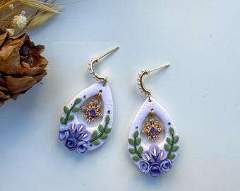 Handmade Lavender Floral Earrings: Polymer Clay Dangle Jewelry I Buy 2 Get Free Shipping