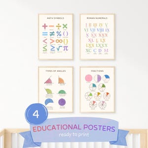 Op de afbeelding: Vier educatieve posters met lichte houten lijsten met wiskundige concepten. De posters tonen kleurrijke wiskundige symbolen, Romeinse cijfers, soorten hoeken en breuken met tekstlabels. Elke poster heeft een crèmekleurige achtergrond.