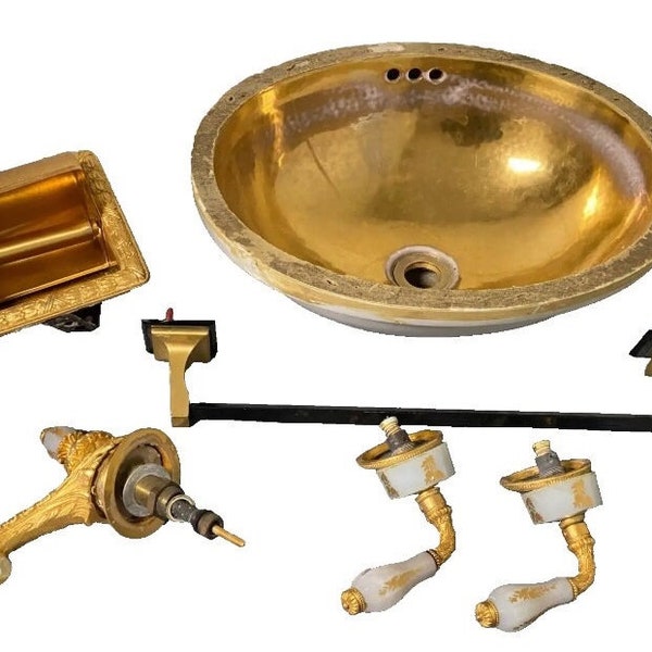 Vintage Sherle Wagner Bathroom Sink, Faucet, Handles, Recessed Toilet Paper Holder, and Towel Bar