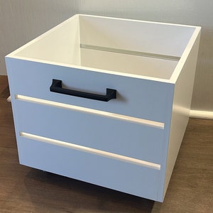 Rolling Pantry Crate, White with Modern Handle. Storage Box, Organizer Storage Container with wheels. Perfect for Home Organization.
