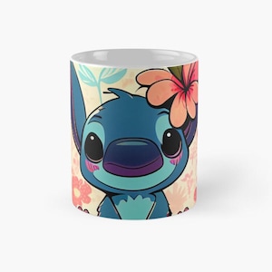 May include: A blue cartoon character with big eyes and a pink flower on its head. The character is surrounded by pink flowers on a light yellow background.