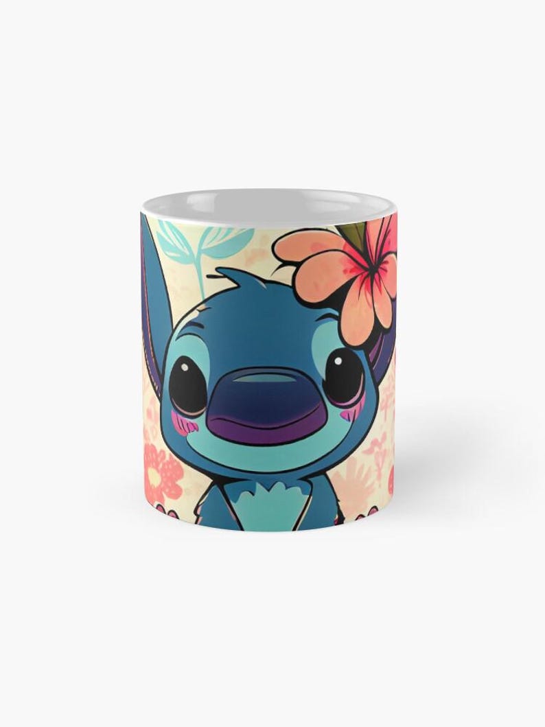 May include: A blue cartoon character with big eyes and a pink flower on its head. The character is surrounded by pink flowers on a light yellow background.