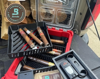 Inserto per humidor per sigari Milwaukee PACKOUT, organizer grande / vestibilità precisa, divisori rimovibili, igrometro e confezione Boveda inclusi.