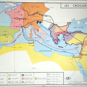 Affiche Rossignol cartes Historiques originale vintage Numéro 7 et 8. La France au moyen-âge / Les croisades