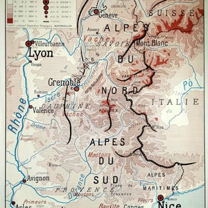 Originales Vintage-Plakat der Montmorillon-Schule. Die Alpen / Die Pyrenäen