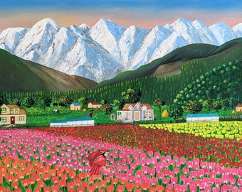 Handgemachte wunderschöne Himalaya Landschaft - Original Kunstwerk für Wohnkultur - Himachal Pradesh Landschaft - Tulpen - impressionistisches Ölgemälde