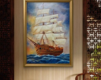 オリジナルの大型帆船の油絵、海の波、航海の壁アート - Etsy 日本
