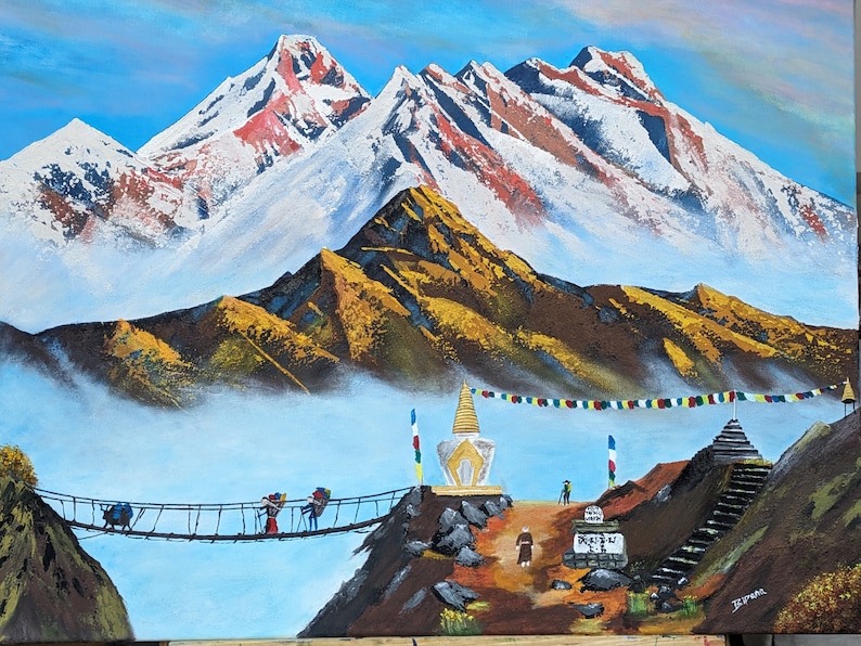 Schöne Mount Everest Kunst Texturierte Bergkunst in Acrylfarben Landschaftsansicht des Mount Everest Wanddeko Bilderwand Geschenk Bild 1