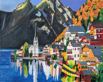 Seltene handgemachte Hallstatt Acryl auf Leinwand 50X50cm Malerei - Perfekte Hallstatt Kunst für Wanddekoration - Schöne Herbstfarben - Österreich