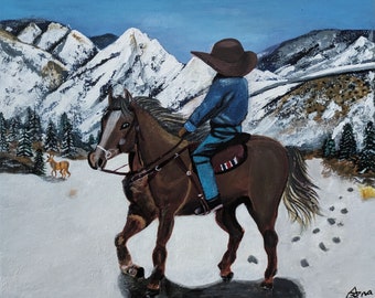 Cowboy Adventure: Original handgefertigtes Gemälde von Cowboy in einer verschneiten Landschaft in Colorado | Reiter und verschneite Berge in Acrylfarben