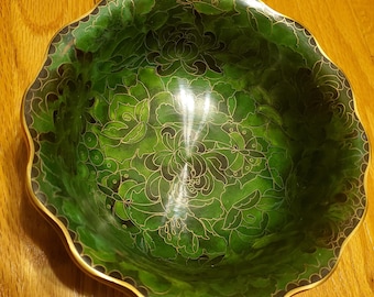 ヴィンテージの中国製七宝焼き皿、緑地に梅の花模様 - Etsy 日本