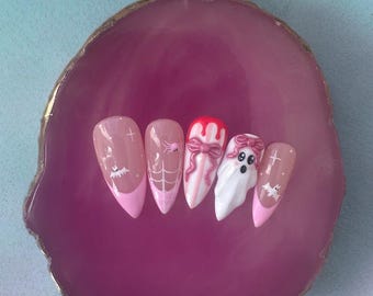 SPOOKY COQUETTE GHOST Set | Fall Nails | Luxury Press On Nails | Fake Nails | Press On Nails | Halloween Nails | Pink Nails