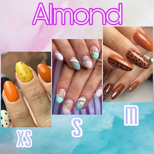 K&ouml;nnte beinhalten: Drei S&auml;tze mit mandelf&ouml;rmigen N&auml;geln mit verschiedenen Nagelkunstdesigns. Der erste Satz ist leuchtend orange mit einem gelben Nagel mit schwarzen Punkten. Der zweite Satz ist hellblau und rosa mit goldenen Akzenten. Der dritte Satz ist braun mit einem Leopardenmuster. Die S&auml;tze sind mit XS, S und M gekennzeichnet.