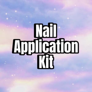 May include: A graphic with a pastel pink, purple, and blue background with white stars. The text "Nail Application Kit" is in bold black letters.