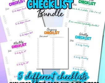 Könnte beinhalten: Ein Bundle druckbarer Checklisten in verschiedenen Farben, darunter "Today's Checklist", "Priorities Checklist" und "Weekly Checklist". Das Bundle enthält 5 verschiedene Checklisten mit 1 oder 2 pro Seite, in Farbe und Schwarzweiß.