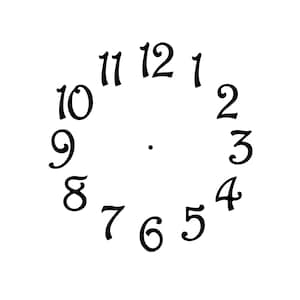 May include: A black and white clock face with Roman numerals for the hours 1 through 12. The clock face is circular and has a small dot in the centre.