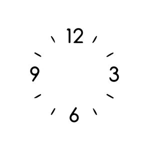 May include: A simple clock face with black numbers and markings on a white background. The numbers 12, 3, 6, and 9 are visible.