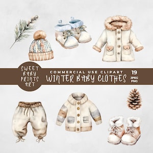 Clipart de roupas de bebê de inverno, imagens PNG para convites de chá de bebê, traje de bebê de inverno em aquarela, casaco de bebê de pinhas quentes e aconchegantes