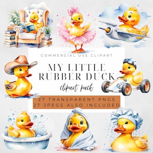 Clipart z gumową kaczką, obrazy z kaczką do kąpieli, ilustracje akwarelowe na zaproszenia na baby shower i nie tylko, clipart ze sportową żółtą kaczką