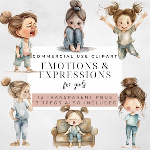 Emotions & Facial Expressions Clipart Chibi Style for Girls Educational DIY Create Greeting Card Home Decor PNG Digital Images Illustrations