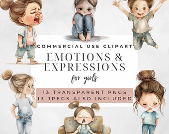 May include: A set of 13 digital illustrations of a girl with different facial expressions. The illustrations are in a watercolour style and feature a girl with brown hair and blue eyes. The girl is wearing a blue shirt and jeans. The text "COMMERCIAL USE CLIPART EMOTIONS & EXPRESSIONS for girls 13 TRANSPARENT PNGS 13 JPEGS ALSO INCLUDED" is displayed on the image.