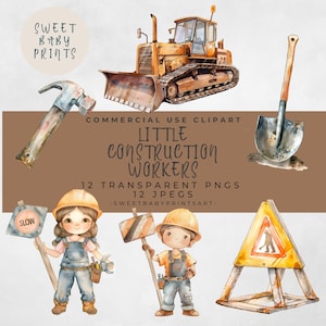 Clipart de trabalhador da construção civil infantil, arte de berçário de menino em aquarela, escavadeira caminhão basculante escavadeira construção de capacete, download digital instantâneo