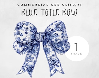 Blue Toile Bow Clipart Single Image, Toile de Jouy Style Pattern, Asian Inspired Illustration, Baby Shower or Nursery Decor, Scrapbooking