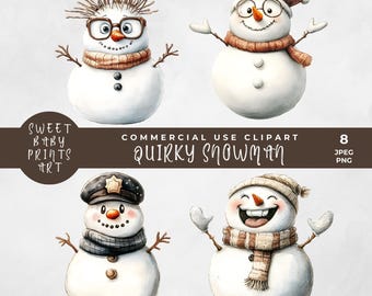 Quirky Snowman Clipart, Winter Cartoon Images, Cute Snowman, Funny Snow Man, Crazy clipart for winter junk journals and craft projects PNG