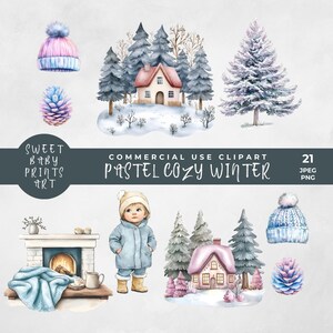 Clipart de inverno aconchegante em aquarela pastel, imagens de inverno aconchegante, ilustrações para projetos de artesanato e cartões ou convites, PNG Clip Art Chá de bebê