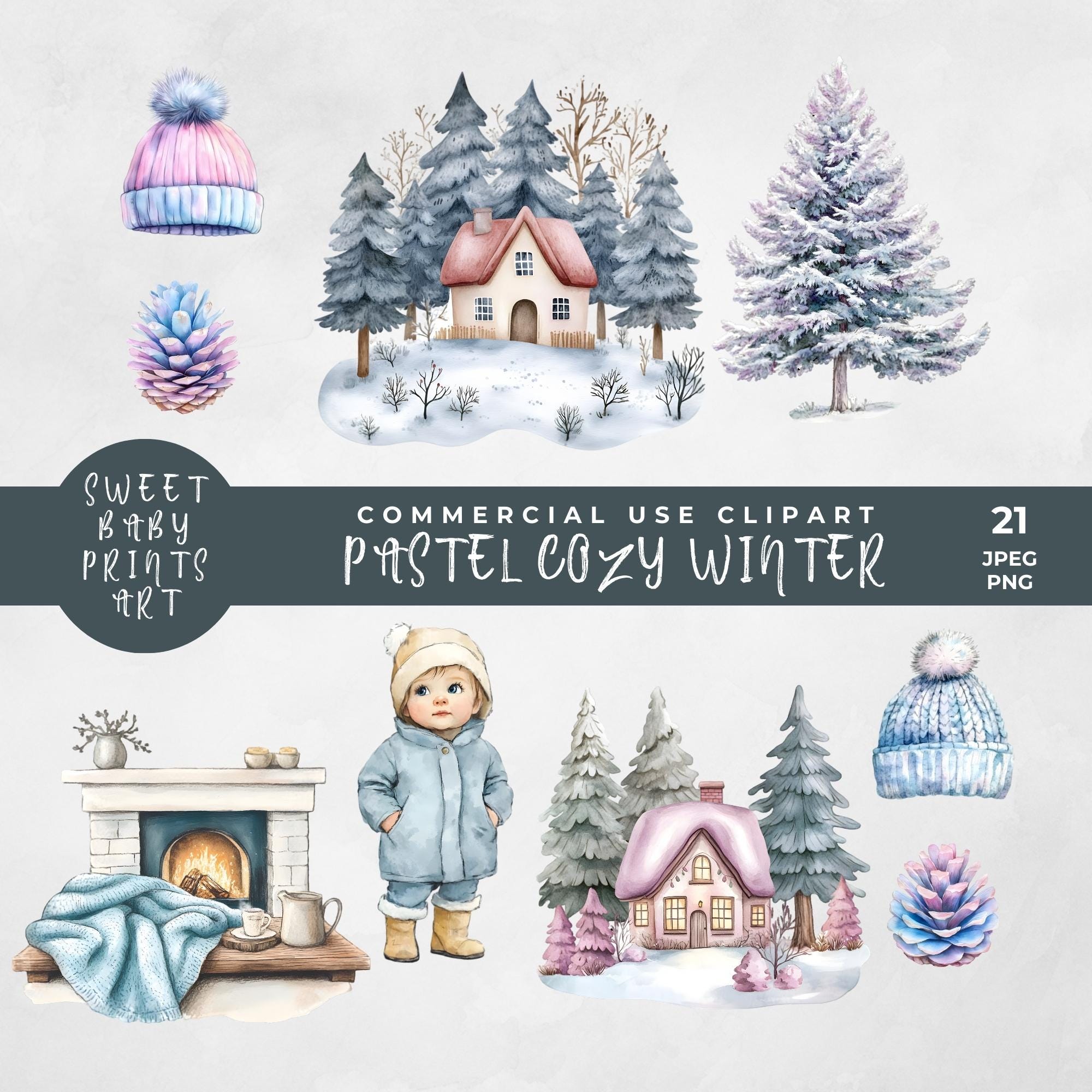 Watercolor Pastel Cozy Winter Clipart, Cozy Winter Images