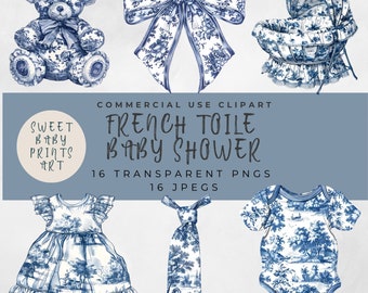 French Toile Baby Shower Clipart, French Toile de Jouy PNG Instant Download Doodle Graphics Art, Blue Toile Nursery Decor Theme, Blue Flower