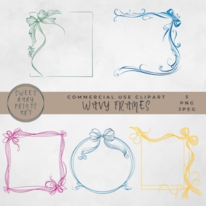 May include: Five wavy frames with bows in different colors. The frames are in green, blue, pink, blue, and yellow. The text "COMMERCIAL USE CLIPART WAVY FRAMES 5 PNG JPEG" is at the top of the image.