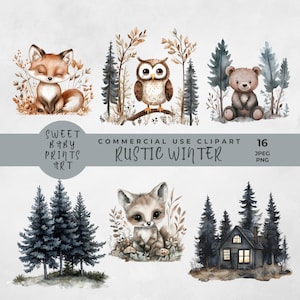 Rustieke winter baby aquarel clipart, aquarel winter bosdieren clipart, schattige babydieren digitale download PNG kinderkamer decor