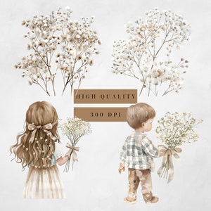 Baby adem bloem clipart aquarel, babyshower of kinderkamer decor, Boho bloemsierkunst afbeeldingen illustraties, vintage boho kinderwagen wieg