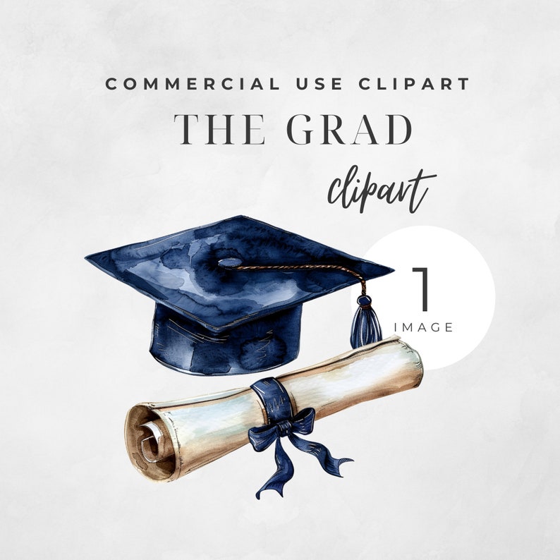 May include: A watercolor illustration of a graduation cap and diploma. The cap is blue and the diploma is rolled up with a blue ribbon. The text "THE GRAD clipart" is above the image.