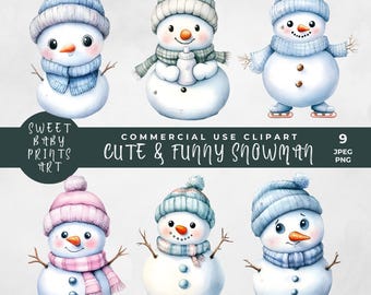 Cute and Funny Snowman Clipart, Watercolor Snowman Face, Quirky Snowman Art Digital Download Winter Clipart Scrapbook PNG JPEG