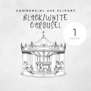 Black and White Carousel Clipart, Whimsical Image, Single Clipart, Watercolor Horse Carousel for Nursery Baby Shower or Kids