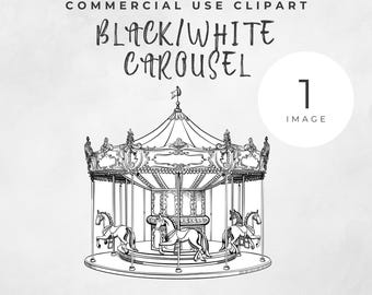 Black and White Carousel Clipart, Whimsical Image, Single Clipart, Watercolor Horse Carousel for Nursery Baby Shower or Kids