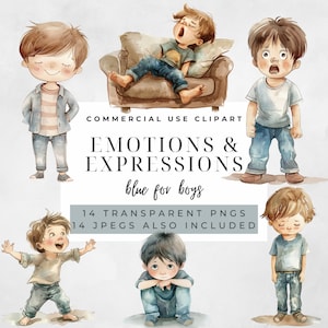 Emoties en gezichtsuitdrukkingen Clipart Chibi-stijl voor jongens Educatieve DIY Wenskaarten maken Home Decor PNG Digitale afbeeldingen Illustraties