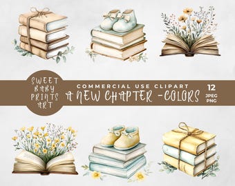 A New Chapter Clipart Color Variations Bundle, Book Themed Storybook Shower, Baby Shower, Stacked Books, Book Party, A New Chapter Begins