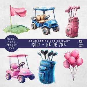 Golf gender Reveal clipart, aquarel illustraties, digitale download png, golf hij of zij