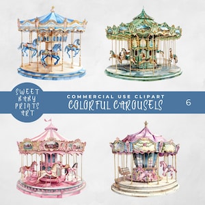 Clipart de carrosséis coloridos, impressões digitais de berçário, imagens de chá de bebê, carrossel de cavalos em aquarela, carrosséis vintage em rosa azul verde vermelho